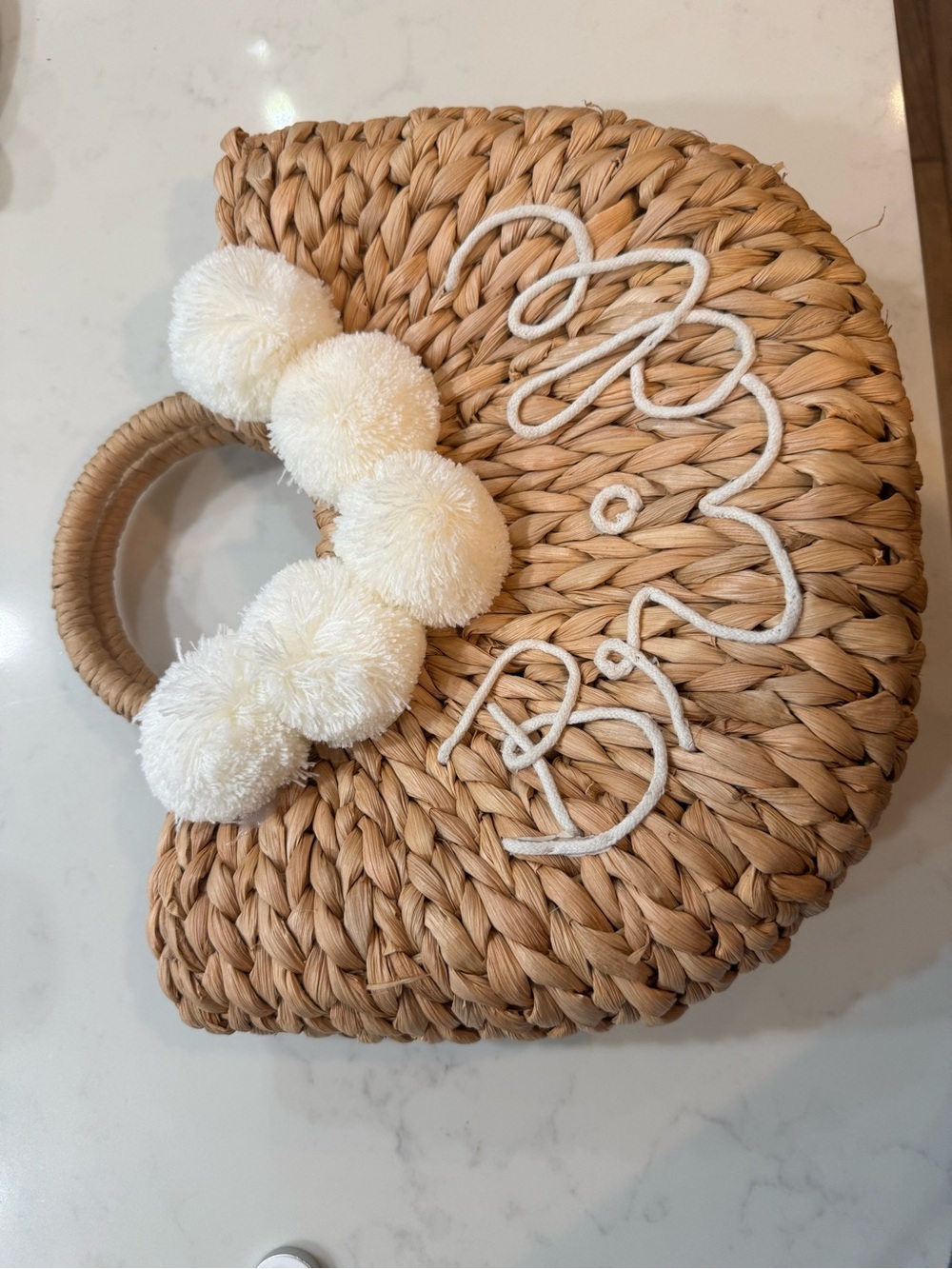 Woven Straw Pom Pom Tote Bag - Natural & Cream